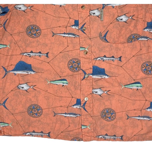COLUMBIA Large Shirt Fish Print Button-Up Short Sleeve orange Sailfish Barracuda - Picture 9 of 9